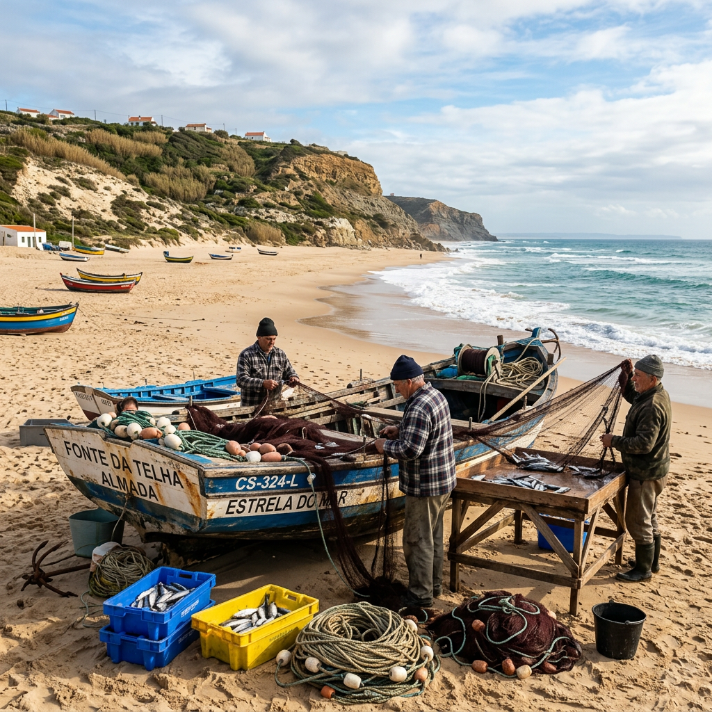 Home Fishermen mending fishing nets next to boats on a sandy beach with ocean waves